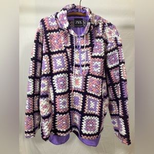 Zara Purple & Pink Crochet Patchwork Teddy pullover shirt Jacket